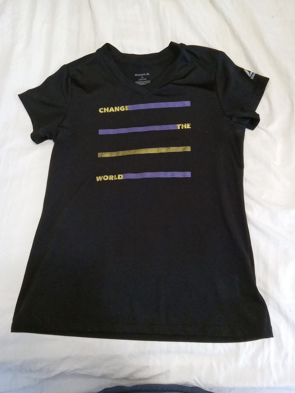 Reebok T Shirt Girls La Youth Black Change The World Casual V Neck